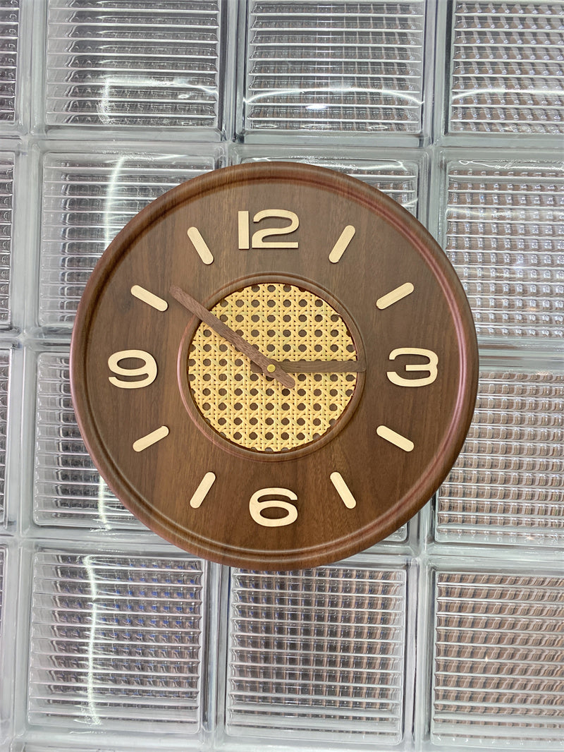 Rattan - Inlaid Wooden Wall Clock, Retro Round Silent Wall Clock