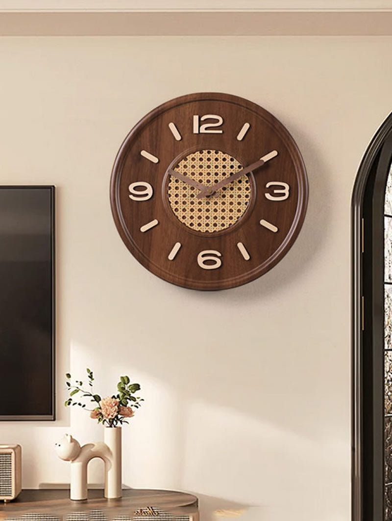 Rattan - Inlaid Wooden Wall Clock, Retro Round Silent Wall Clock