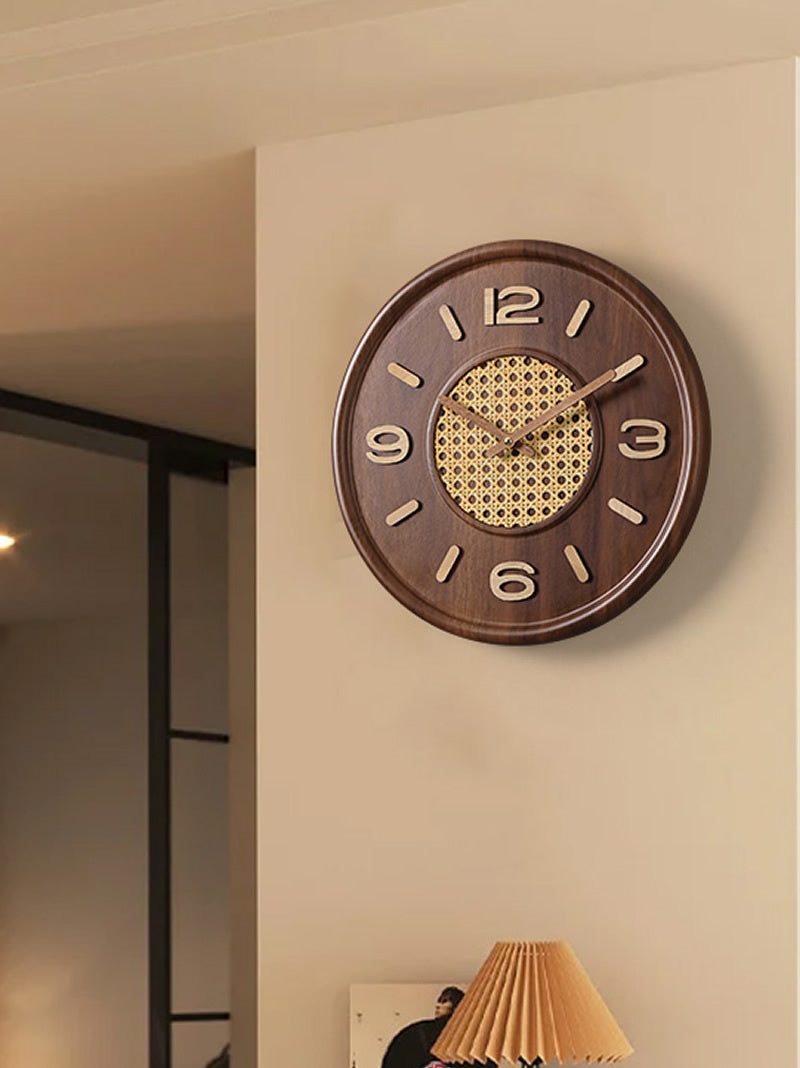 Rattan - Inlaid Wooden Wall Clock, Retro Round Silent Wall Clock