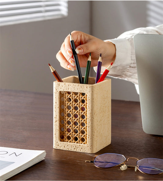 Rattan-Inset Travertine Pen Holder - Minimalist Desktop Organizer for Stationery
