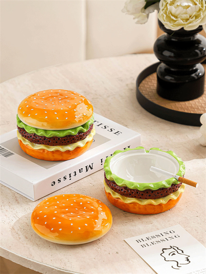 Realistic Hamburger Ceramic Ashtray - Novelty Fast Food Shaped Desk Decor