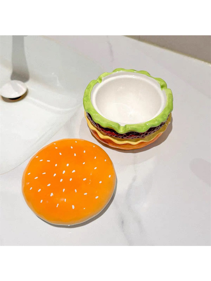 Realistic Hamburger Ceramic Ashtray - Novelty Fast Food Shaped Desk Decor