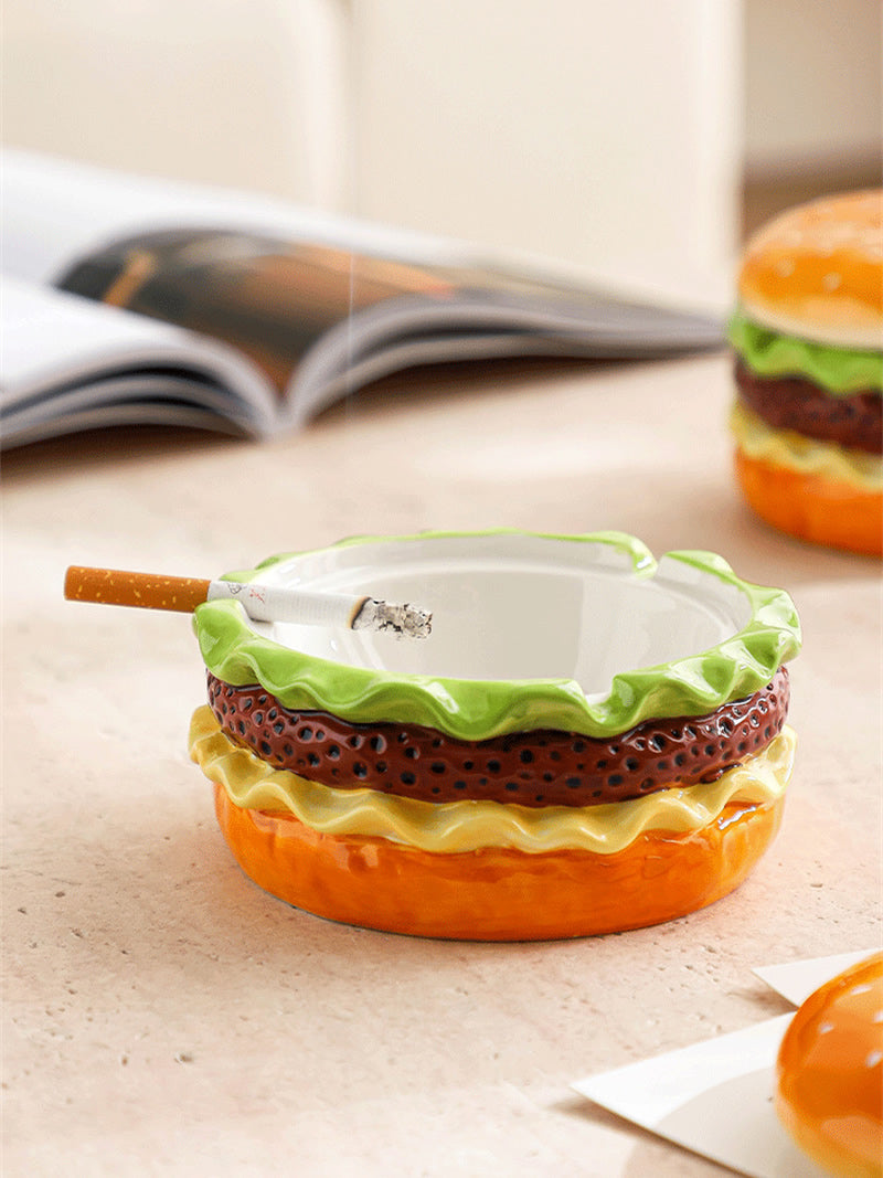 Realistic Hamburger Ceramic Ashtray - Novelty Fast Food Shaped Desk Decor