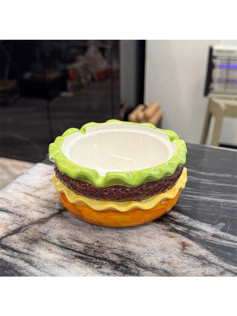 Realistic Hamburger Ceramic Ashtray - Novelty Fast Food Shaped Desk Decor