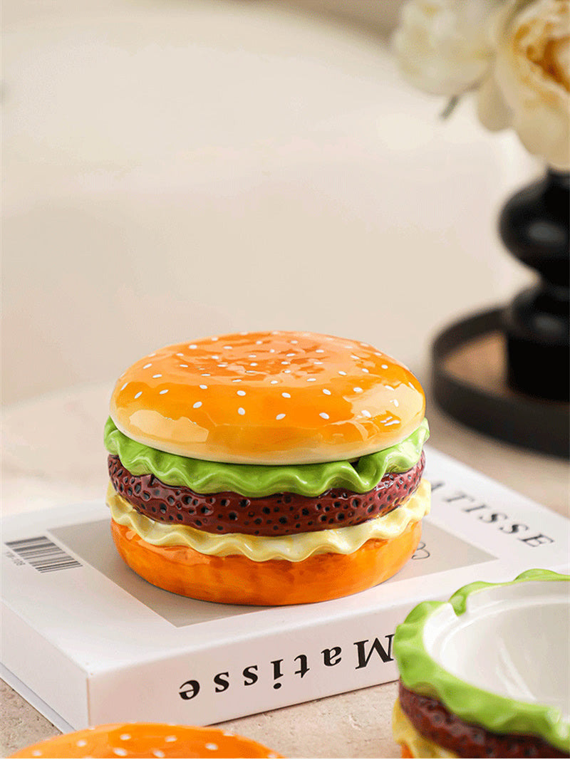 Realistic Hamburger Ceramic Ashtray - Novelty Fast Food Shaped Desk Decor