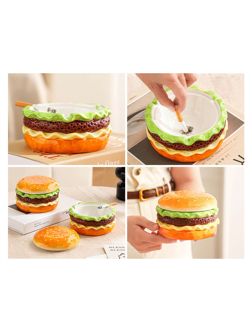 Realistic Hamburger Ceramic Ashtray - Novelty Fast Food Shaped Desk Decor