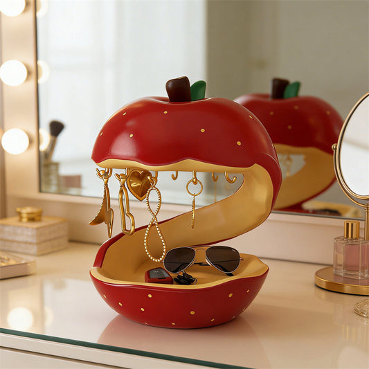 Red Apple Core Resin Jewelry Holder with Earring Hooks , Cute Fruit Shaped Ring Earring Necklace Organizer, Aesthetic Vanity Table Decor, Novelty Gift for Women & Jewelry Lovers