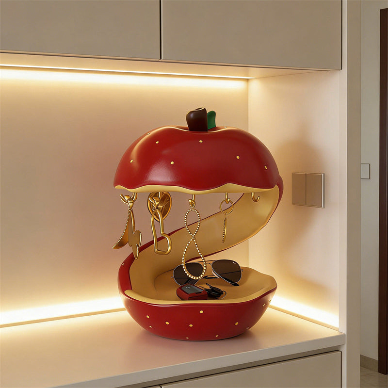 Red Apple Core Resin Jewelry Holder with Earring Hooks , Cute Fruit Shaped Ring Earring Necklace Organizer, Aesthetic Vanity Table Decor, Novelty Gift for Women & Jewelry Lovers