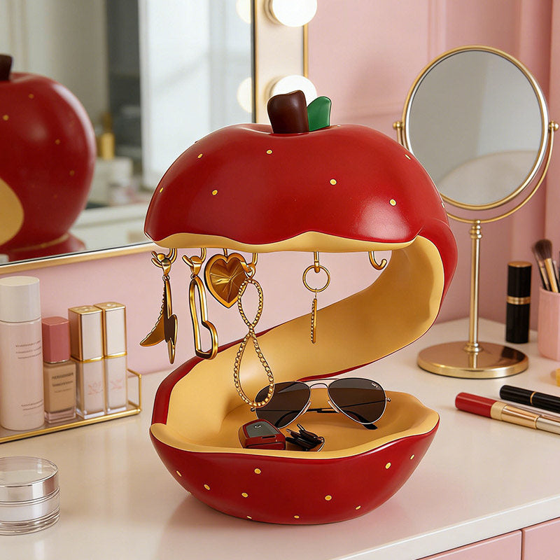 Red Apple Core Resin Jewelry Holder with Earring Hooks , Cute Fruit Shaped Ring Earring Necklace Organizer, Aesthetic Vanity Table Decor, Novelty Gift for Women & Jewelry Lovers