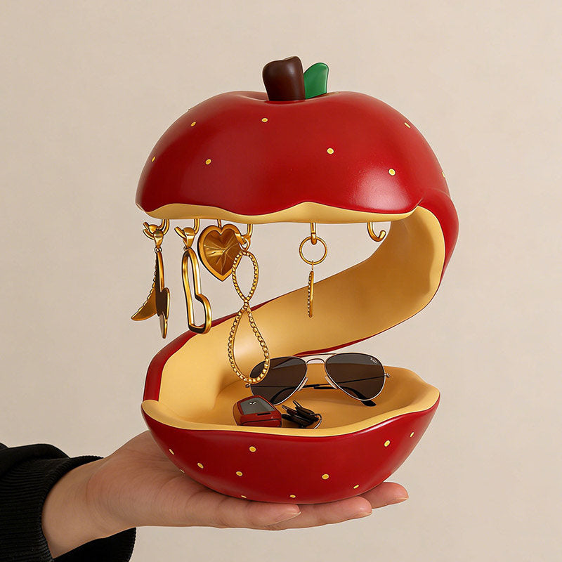 Red Apple Core Resin Jewelry Holder with Earring Hooks , Cute Fruit Shaped Ring Earring Necklace Organizer, Aesthetic Vanity Table Decor, Novelty Gift for Women & Jewelry Lovers