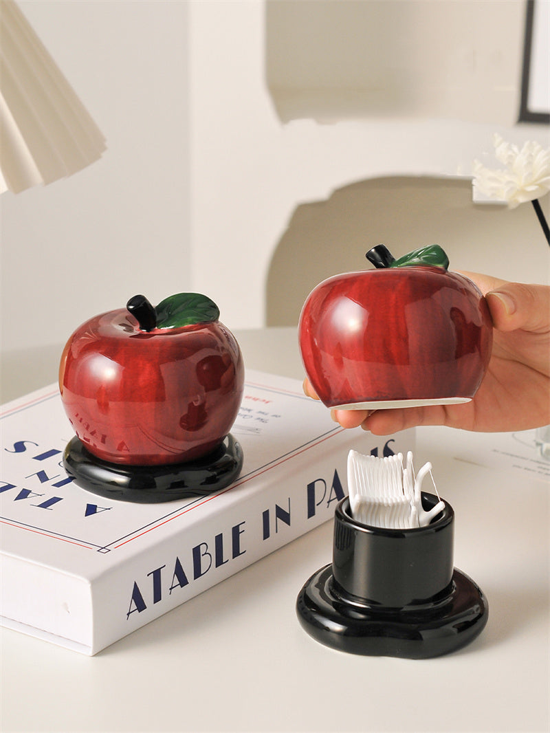 Red Apple & Pear Ceramic Toothpick Holder, Kitchen & Bathroom Countertop Decor