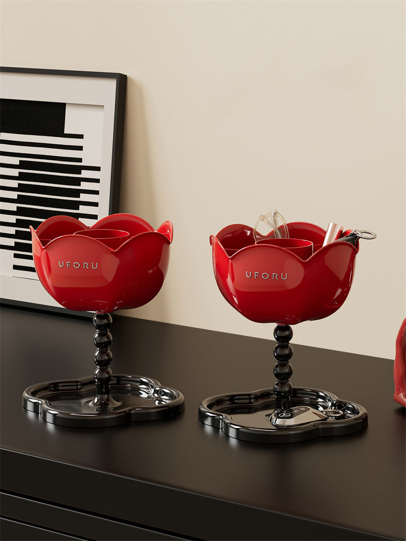 Red Flower-Shaped Multi-Purpose Organizer with Base Tray - Makeup Tool & Desk Storage Holder