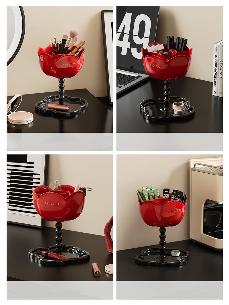 Red Flower-Shaped Multi-Purpose Organizer with Base Tray - Makeup Tool & Desk Storage Holder