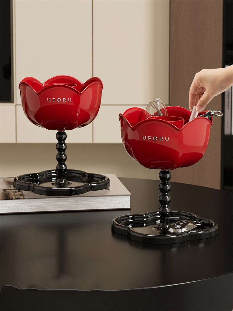 Red Flower-Shaped Multi-Purpose Organizer with Base Tray - Makeup Tool & Desk Storage Holder