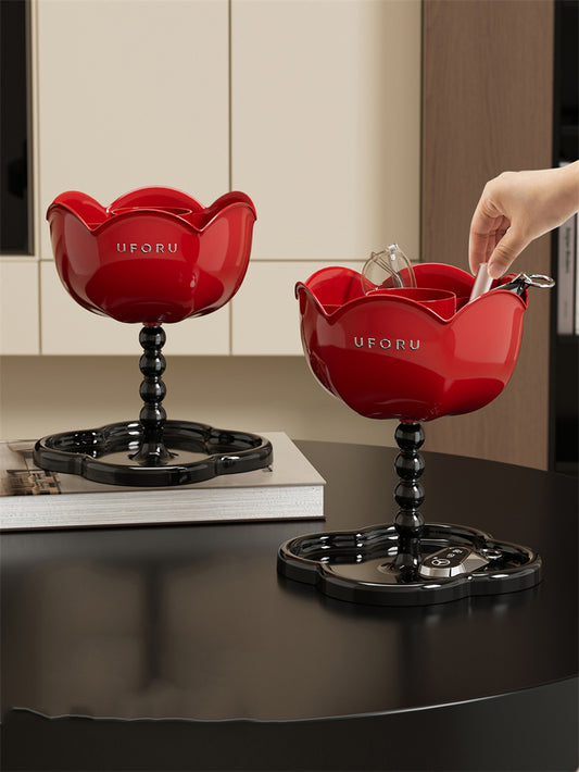 Red Flower-Shaped Multi-Purpose Organizer with Base Tray - Makeup Tool & Desk Storage Holder