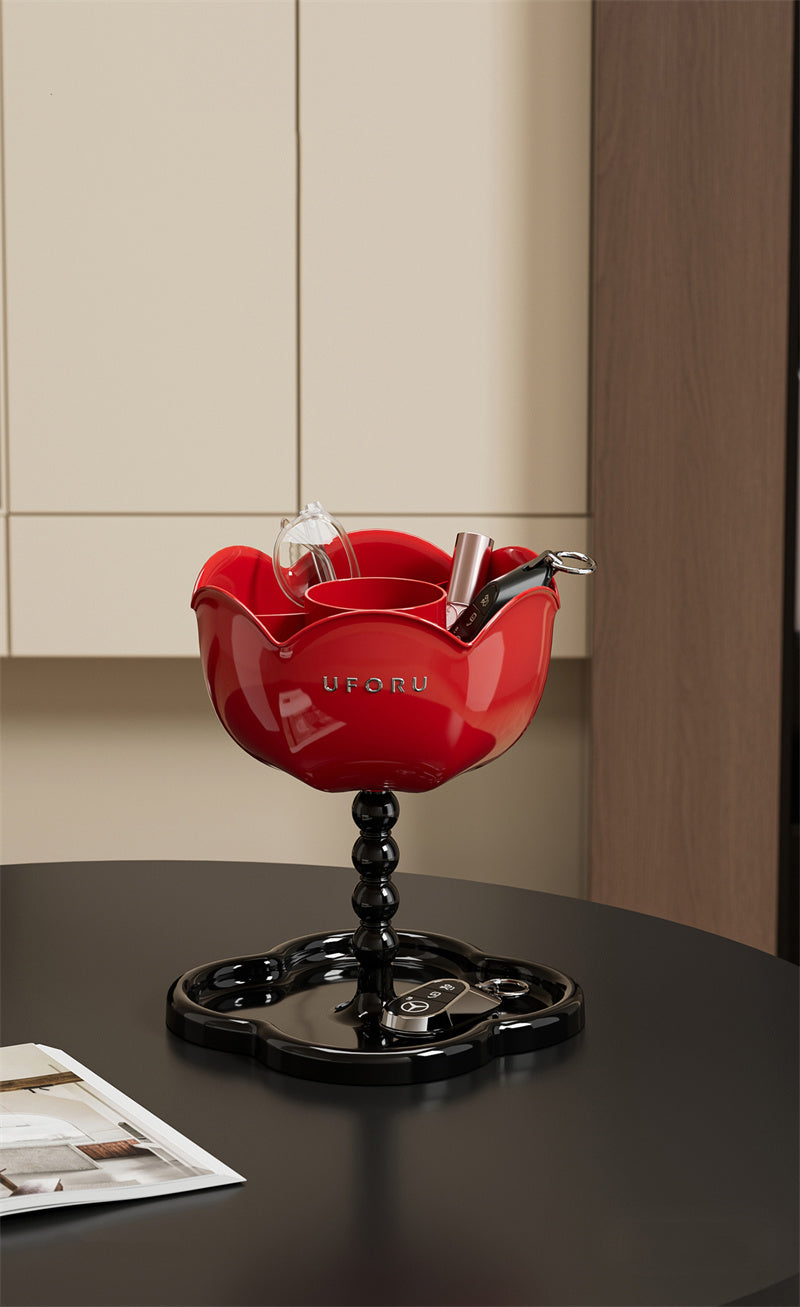 Red Flower-Shaped Multi-Purpose Organizer with Base Tray - Makeup Tool & Desk Storage Holder