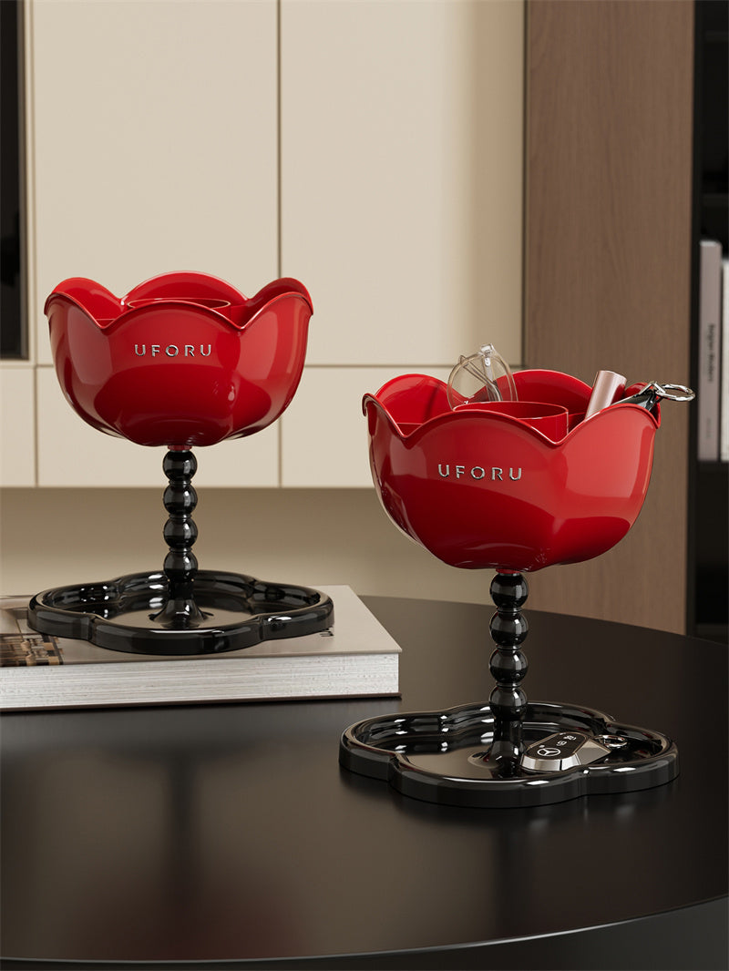 Red Flower-Shaped Multi-Purpose Organizer with Base Tray - Makeup Tool & Desk Storage Holder