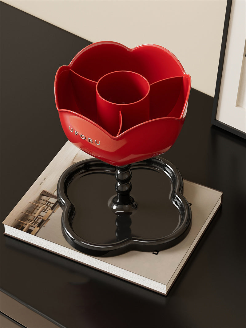 Red Flower-Shaped Multi-Purpose Organizer with Base Tray - Makeup Tool & Desk Storage Holder