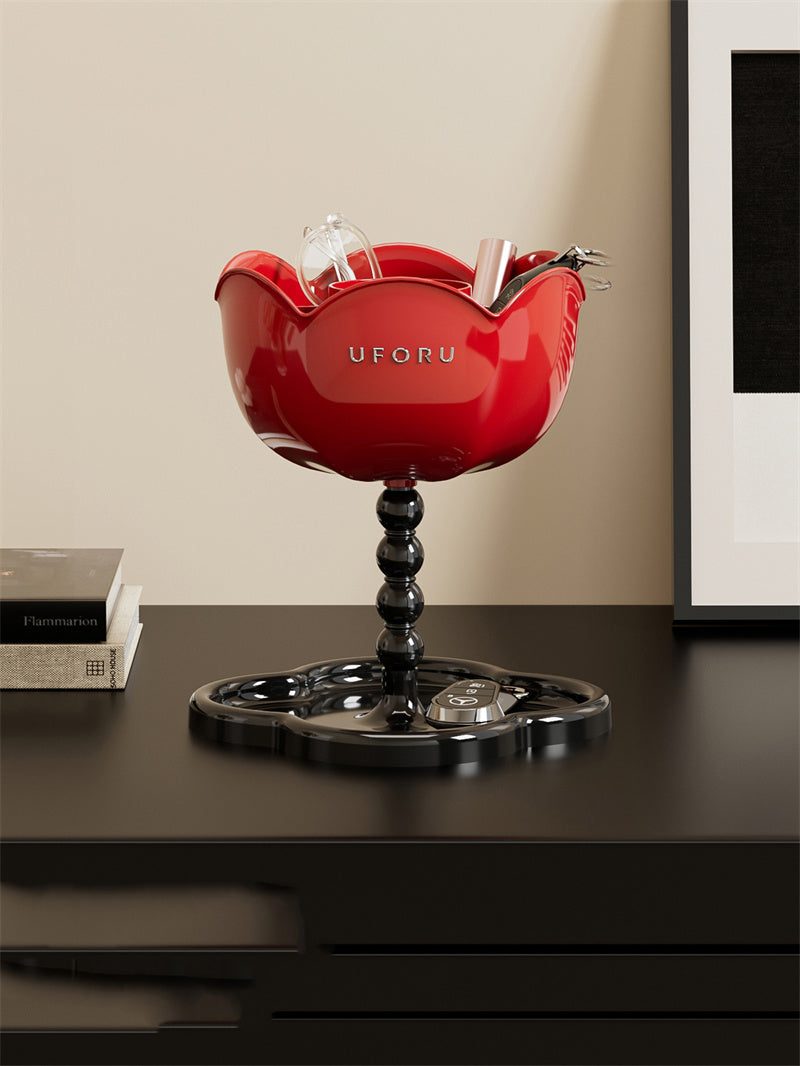 Red Flower-Shaped Multi-Purpose Organizer with Base Tray - Makeup Tool & Desk Storage Holder