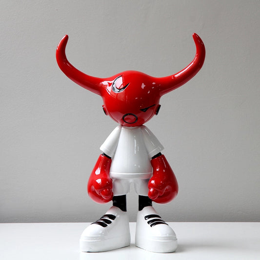 Red Horned Boxer Art Sculpture - Glossy Resin Streetwear-Inspired Decorative Figurine