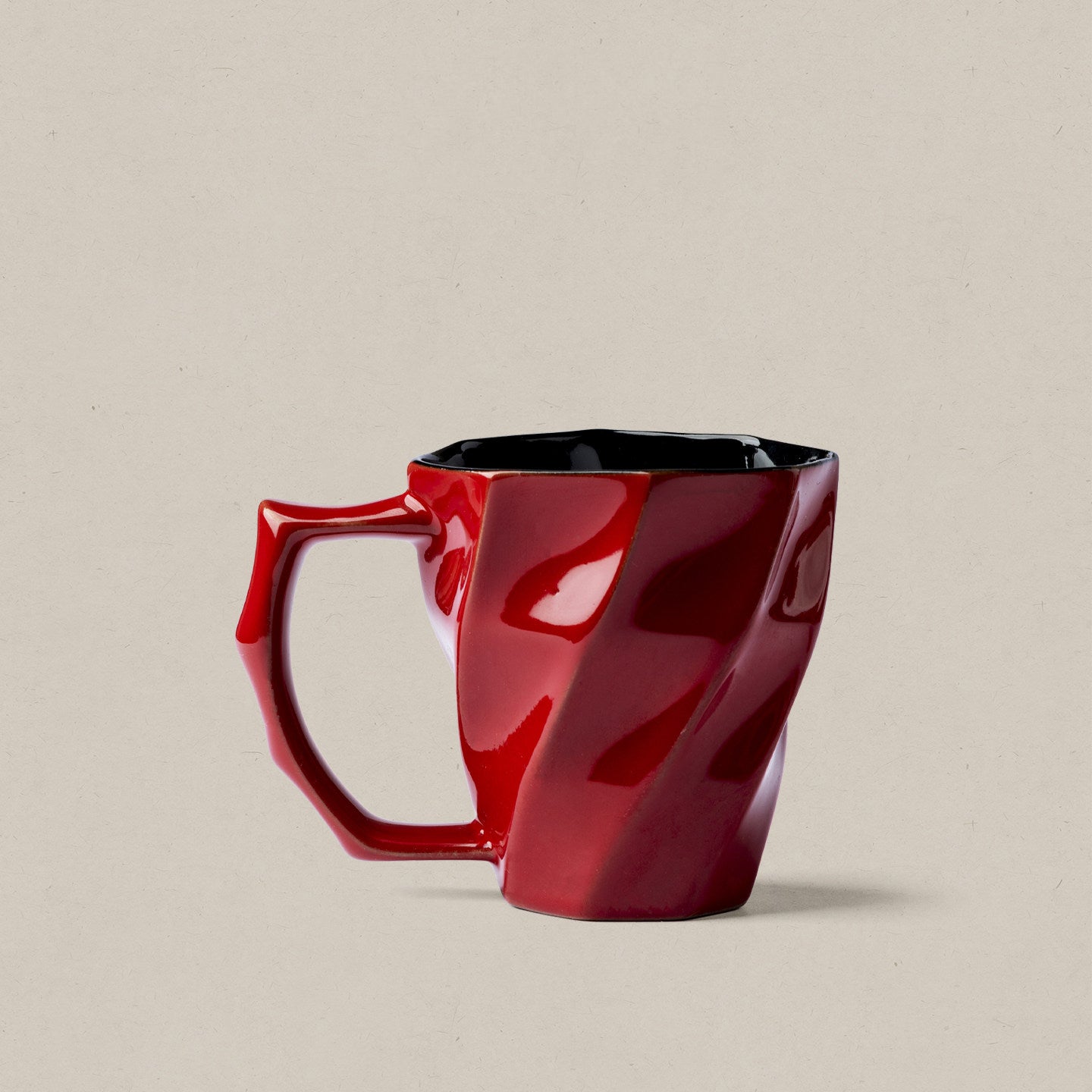 Red Twisted Ceramic Mug - Modern Geometric Coffee Cup with Glossy Finish & Black Interior