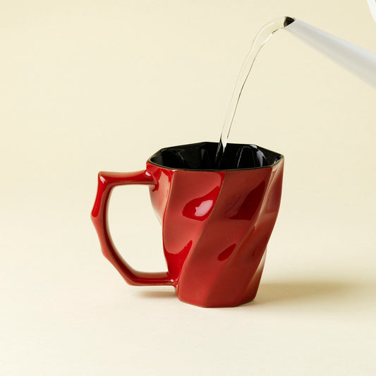 Red Twisted Ceramic Mug - Modern Geometric Coffee Cup with Glossy Finish & Black Interior