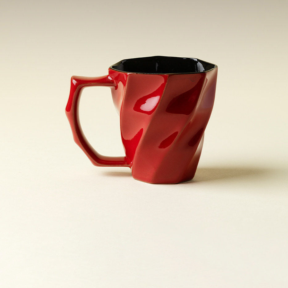 Red Twisted Ceramic Mug - Modern Geometric Coffee Cup with Glossy Finish & Black Interior
