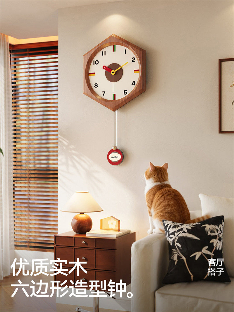 Retro Hexagonal Wood Pendulum Wall Clock - Silent Non-Ticking Mid-Century Modern Clock with Colorful Accents
