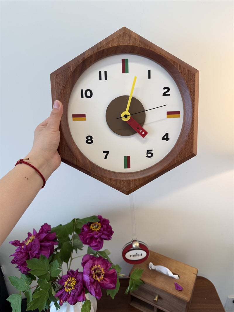 Retro Hexagonal Wood Pendulum Wall Clock - Silent Non-Ticking Mid-Century Modern Clock with Colorful Accents
