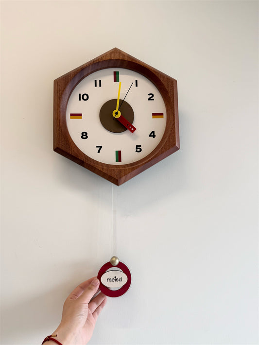 Retro Hexagonal Wood Pendulum Wall Clock - Silent Non-Ticking Mid-Century Modern Clock with Colorful Accents