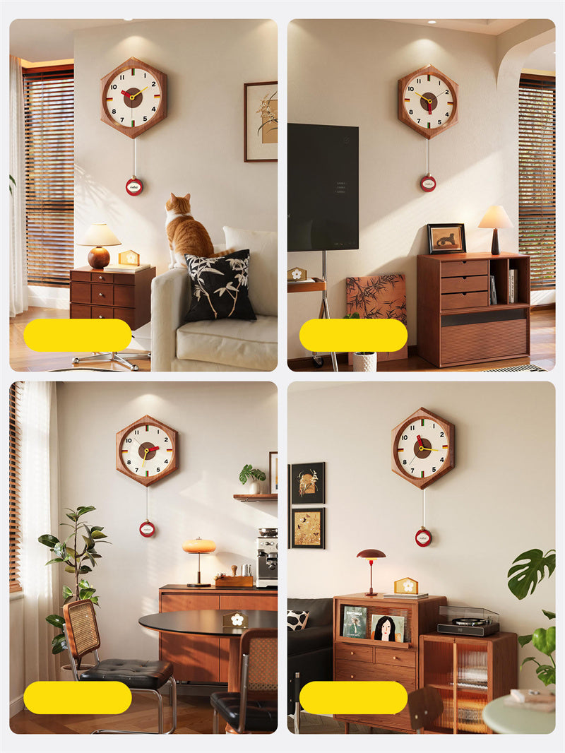 Retro Hexagonal Wood Pendulum Wall Clock - Silent Non-Ticking Mid-Century Modern Clock with Colorful Accents