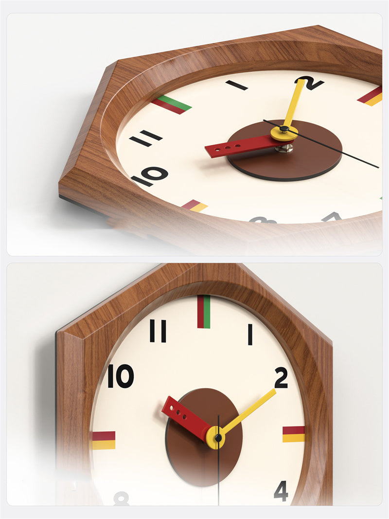 Retro Hexagonal Wood Pendulum Wall Clock - Silent Non-Ticking Mid-Century Modern Clock with Colorful Accents