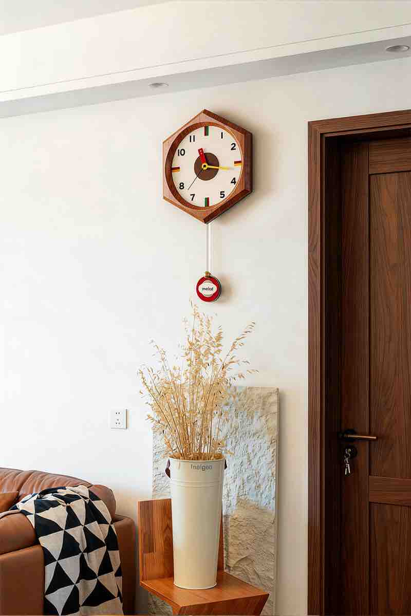 Retro Hexagonal Wood Pendulum Wall Clock - Silent Non-Ticking Mid-Century Modern Clock with Colorful Accents