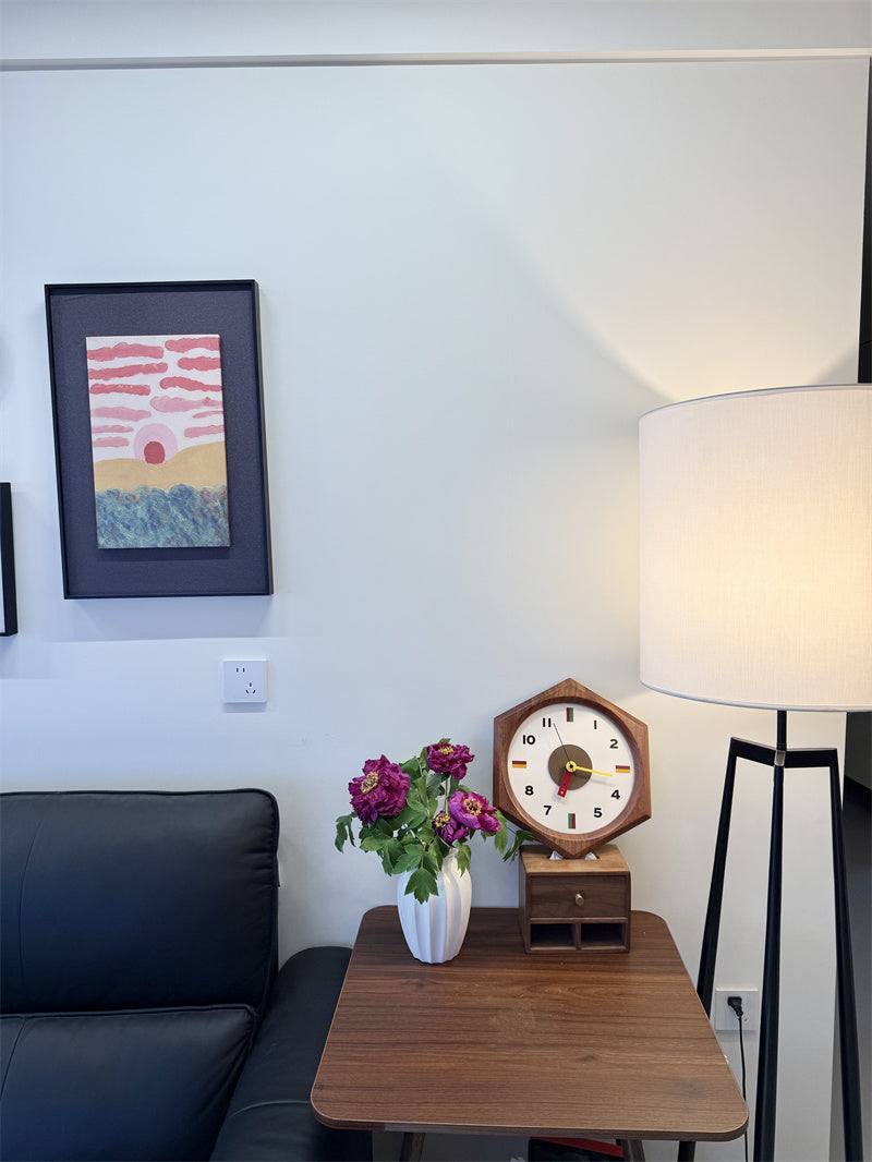 Retro Hexagonal Wood Pendulum Wall Clock - Silent Non-Ticking Mid-Century Modern Clock with Colorful Accents