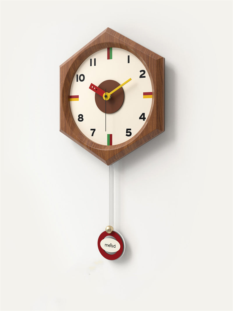 Retro Hexagonal Wood Pendulum Wall Clock - Silent Non-Ticking Mid-Century Modern Clock with Colorful Accents