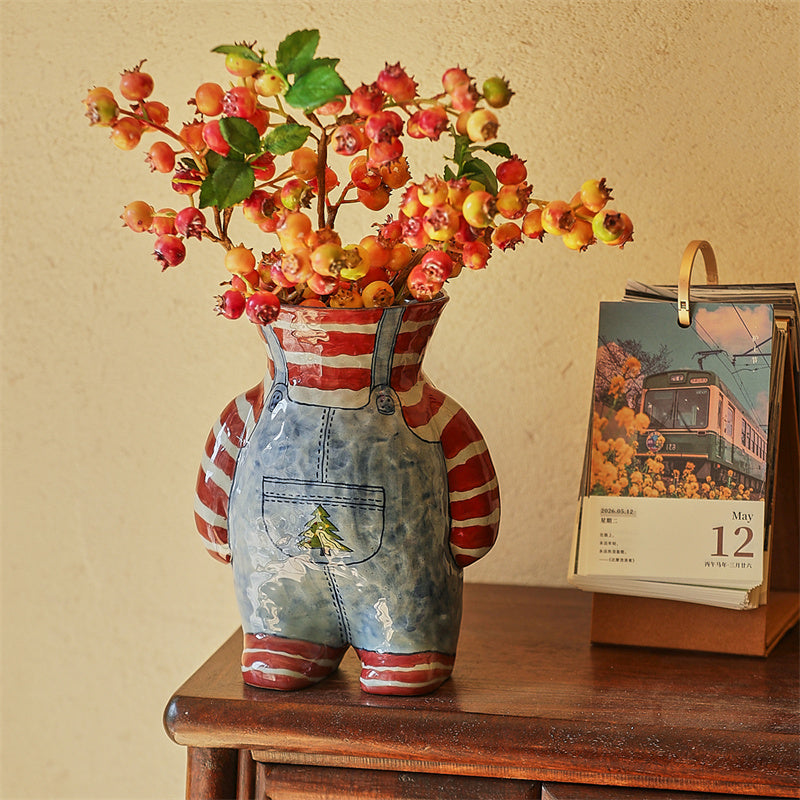 Retro Overalls-Shaped Ceramic Vase - Cute Decorative Flower Vase for Desktop Home Decor
