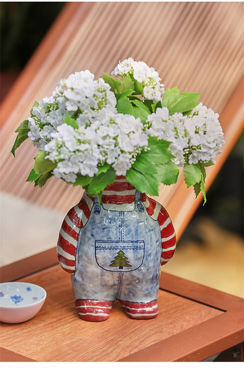 Retro Overalls-Shaped Ceramic Vase - Cute Decorative Flower Vase for Desktop Home Decor