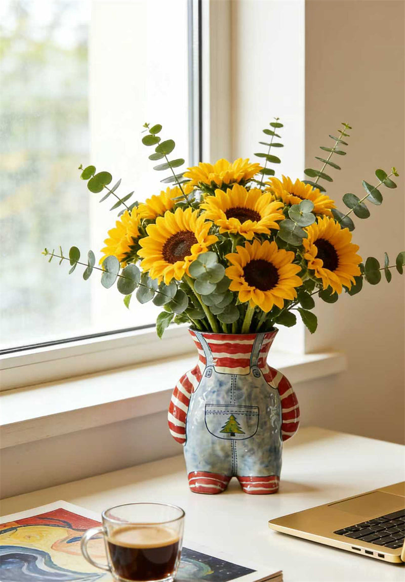 Retro Overalls-Shaped Ceramic Vase - Cute Decorative Flower Vase for Desktop Home Decor