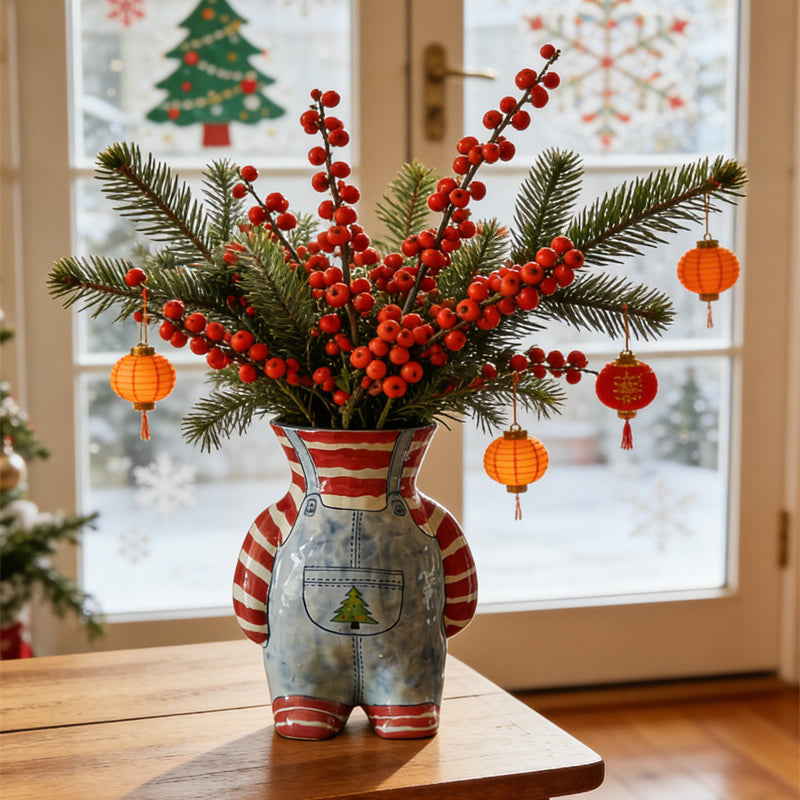 Retro Overalls-Shaped Ceramic Vase - Cute Decorative Flower Vase for Desktop Home Decor
