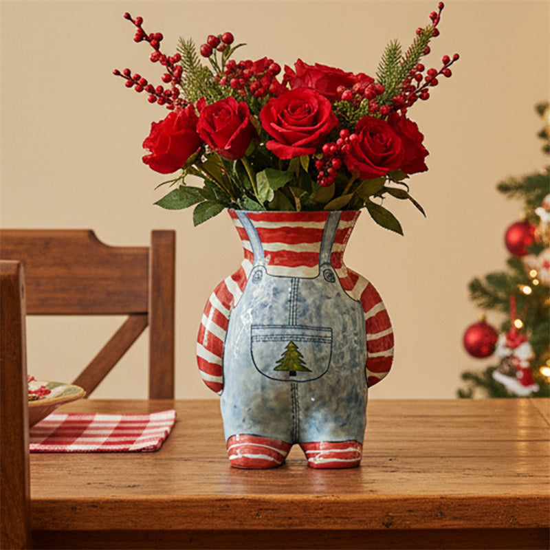 Retro Overalls-Shaped Ceramic Vase - Cute Decorative Flower Vase for Desktop Home Decor