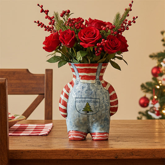 Retro Overalls-Shaped Ceramic Vase - Cute Decorative Flower Vase for Desktop Home Decor