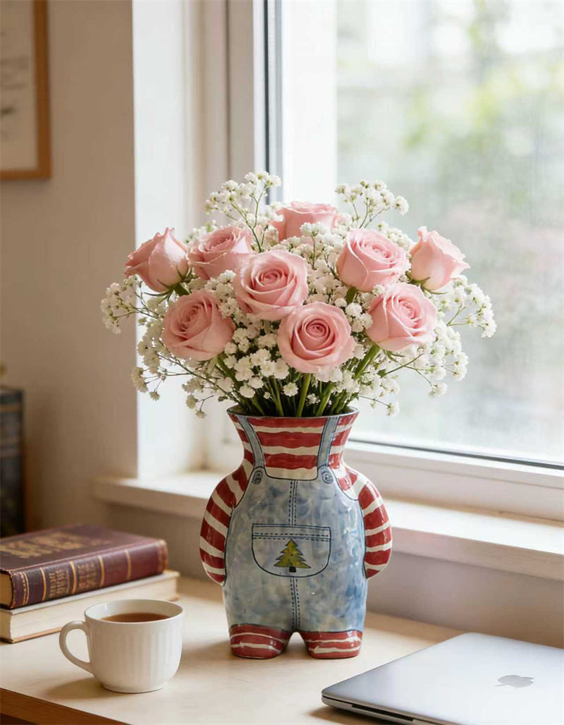 Retro Overalls-Shaped Ceramic Vase - Cute Decorative Flower Vase for Desktop Home Decor