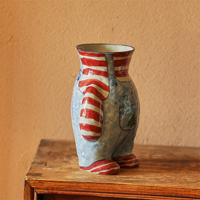 Retro Overalls-Shaped Ceramic Vase - Cute Decorative Flower Vase for Desktop Home Decor