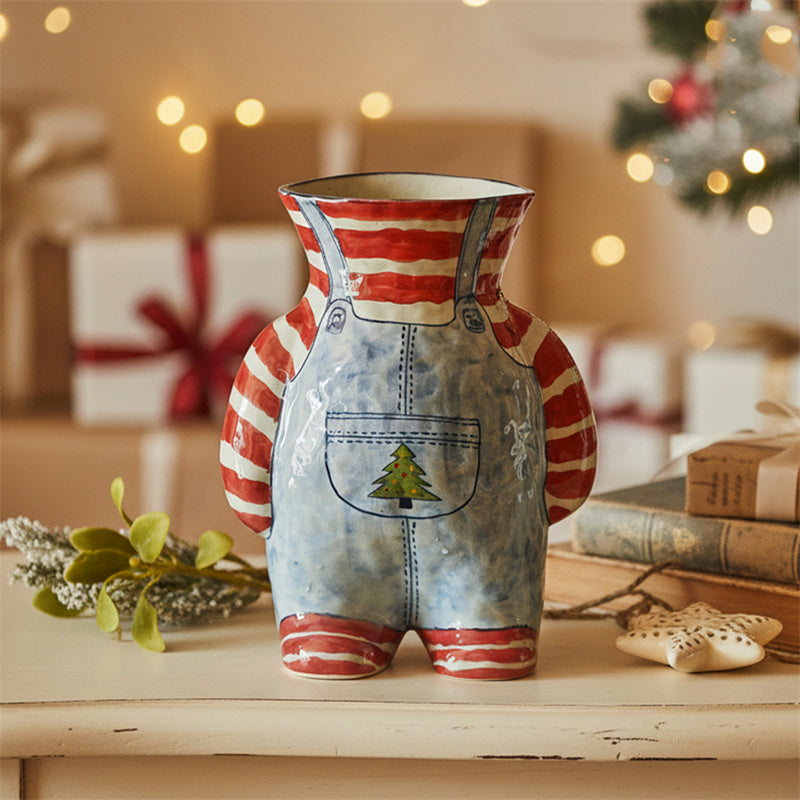 Retro Overalls-Shaped Ceramic Vase - Cute Decorative Flower Vase for Desktop Home Decor