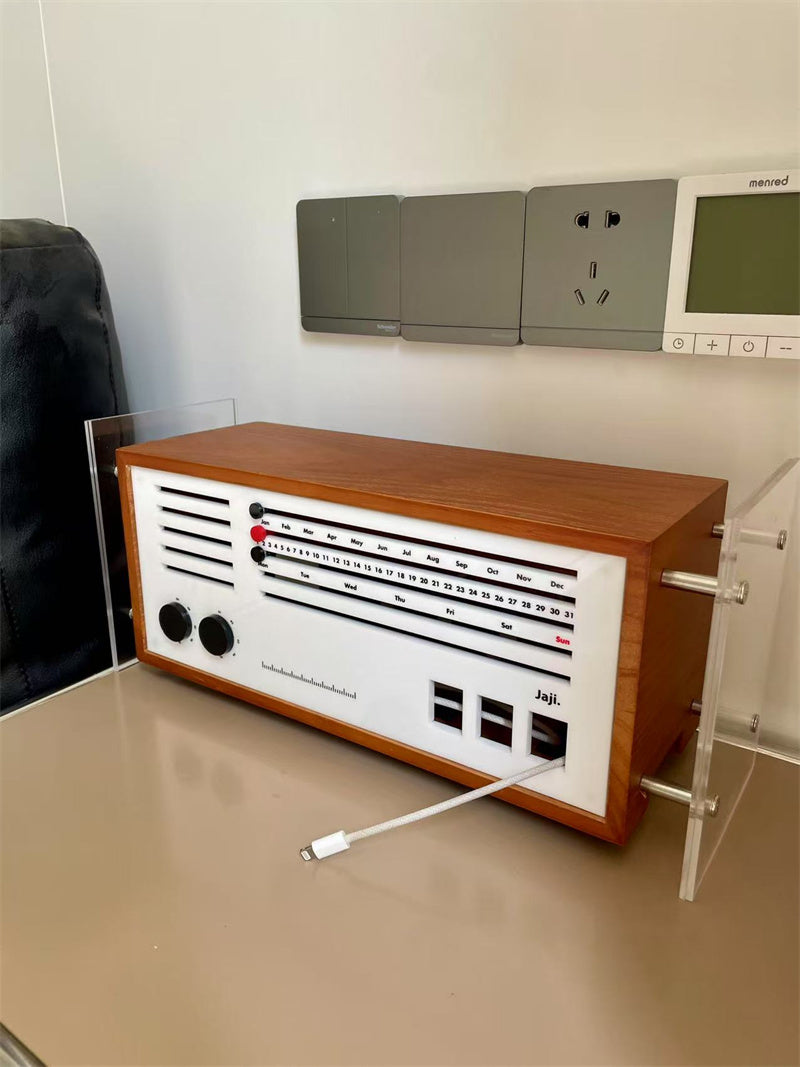 Retro Wooden Radio Desktop Storage Box - Vintage Power Socket &Data Cable Organizer