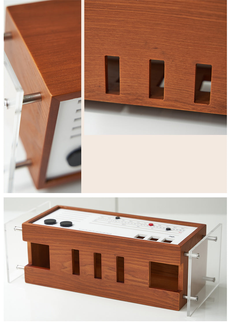 Retro Wooden Radio Desktop Storage Box - Vintage Power Socket &Data Cable Organizer