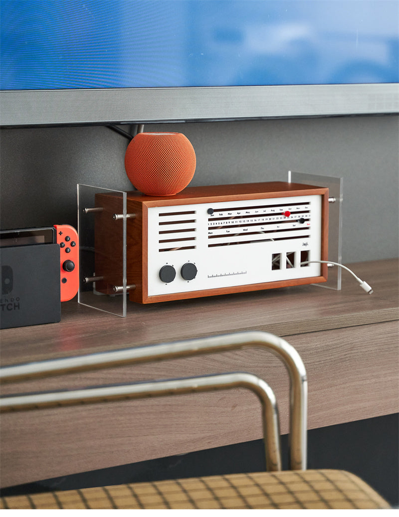 Retro Wooden Radio Desktop Storage Box - Vintage Power Socket &Data Cable Organizer