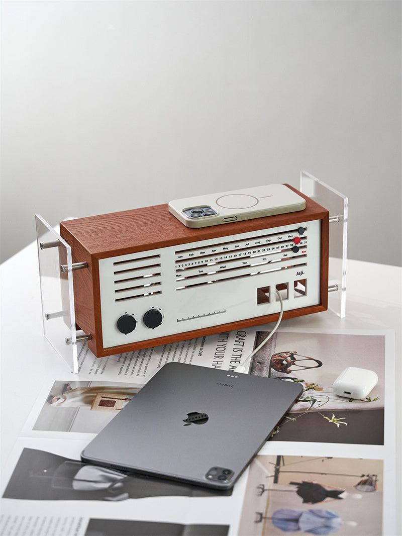 Retro Wooden Radio Desktop Storage Box - Vintage Power Socket &Data Cable Organizer