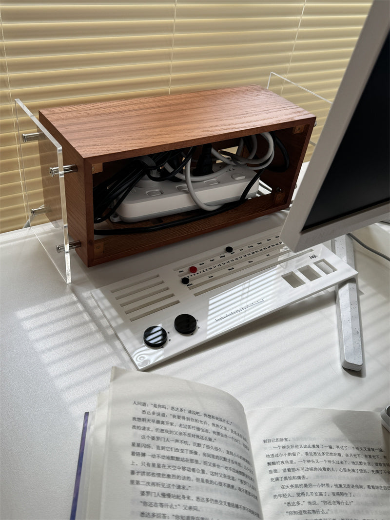 Retro Wooden Radio Desktop Storage Box - Vintage Power Socket &Data Cable Organizer