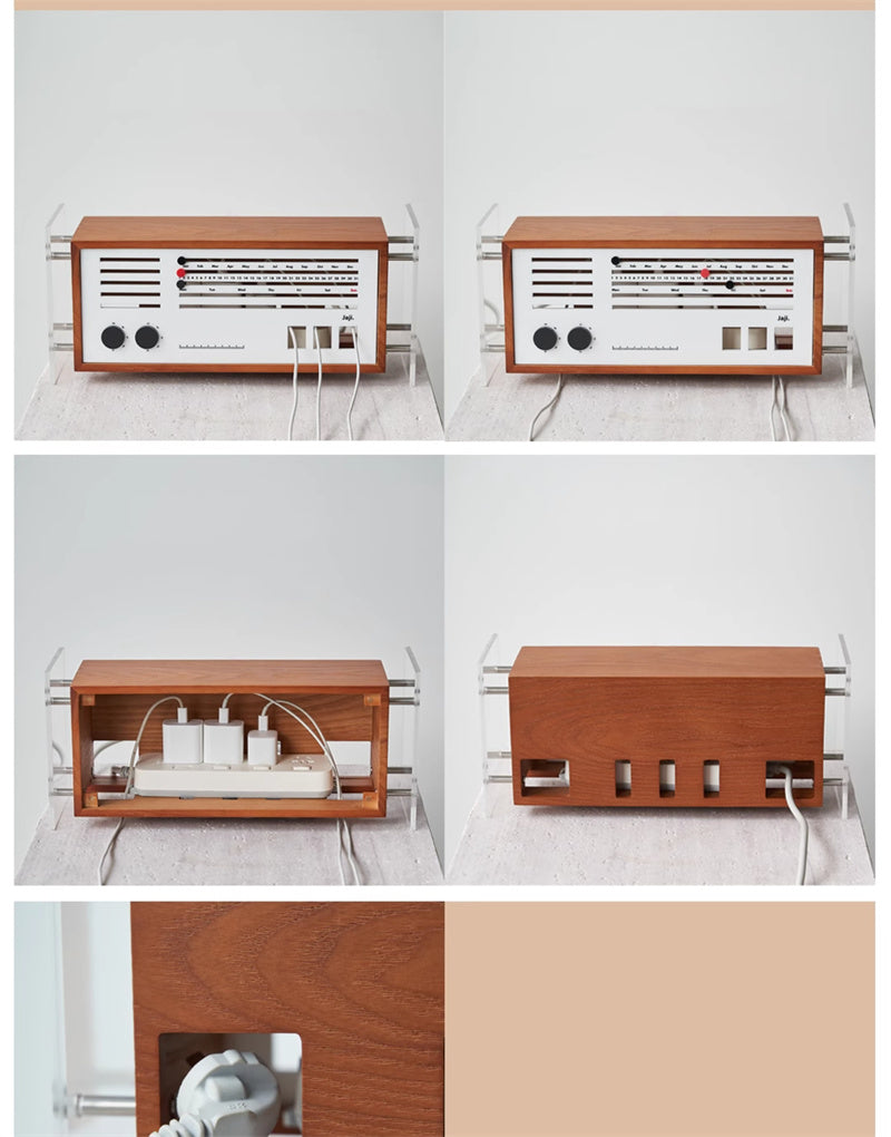Retro Wooden Radio Desktop Storage Box - Vintage Power Socket &Data Cable Organizer